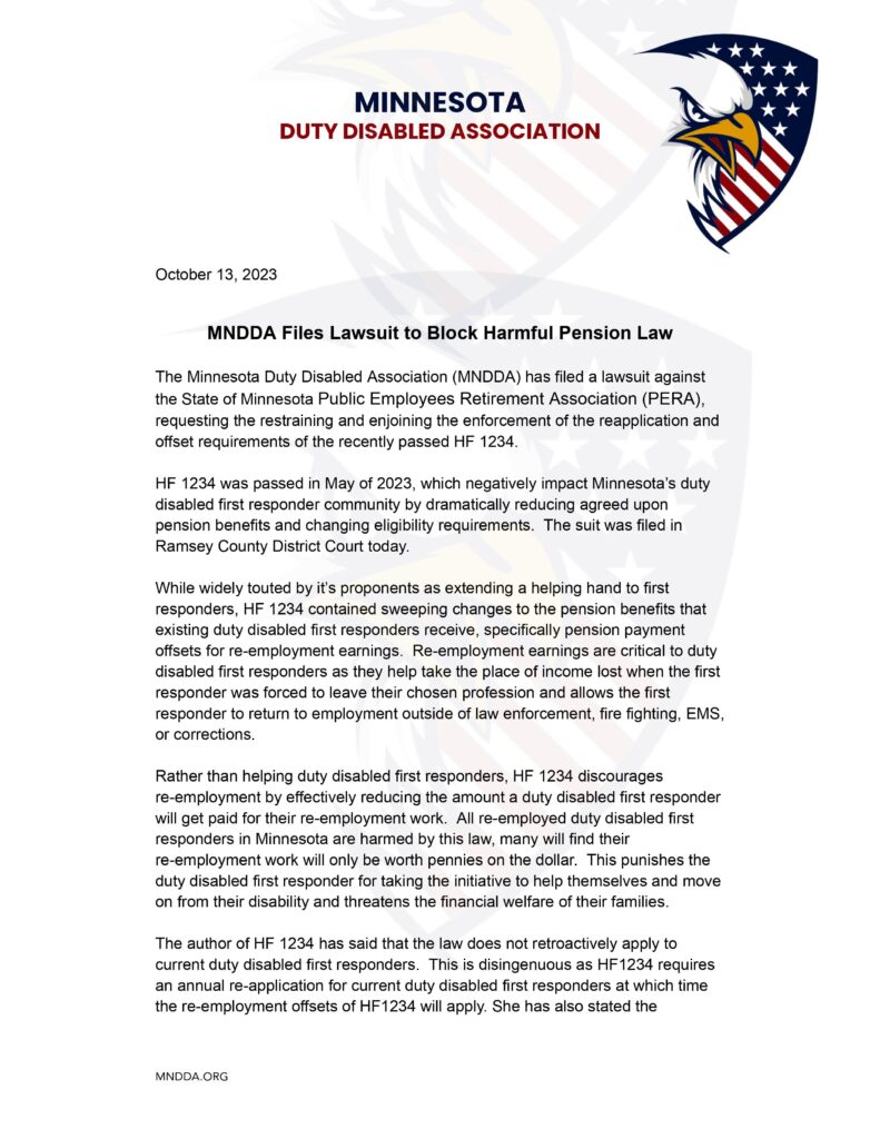 MNDDA Files Lawsuit Against MN PERA – Minnesota Duty Disabled Association